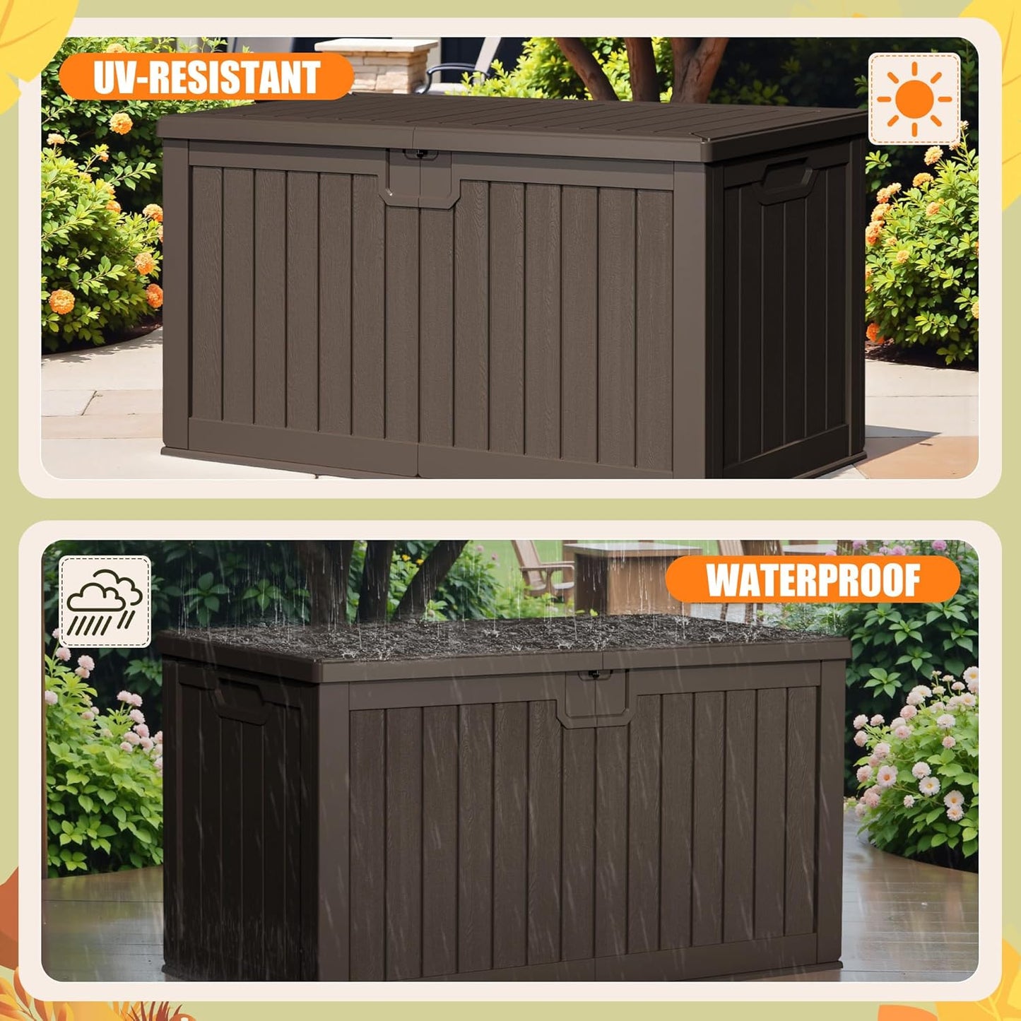 Devoko 240 Gallon Double-Wall Deck Box with Divider, Side Handles, Resin Outdoor Large Storage Box Waterproof and Lockable for Patio Furniture, Garden, Pool (Brown)