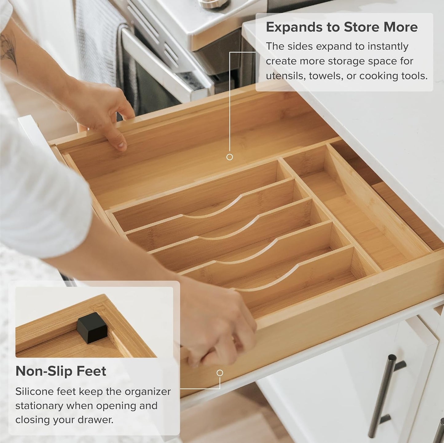 Premium Silverware, Flatware and Utensil Organizer for Kitchen Drawers, Food-Safe Contract Grade, Expandable from 10.5 to 19 In, Natural Bamboo