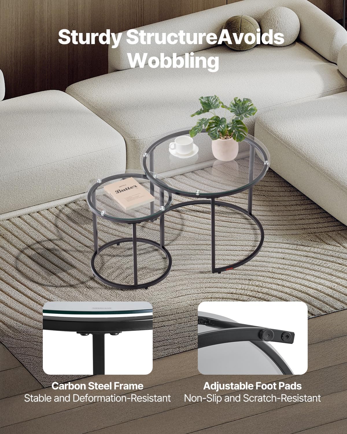 VEVOR Nesting Tables, Glass Coffee Table Set of 2, 23.6 inch Round Coffee Table, Small Coffee Tables Night Stand with Metal Frame, for Living Room, Bedroom, Office
