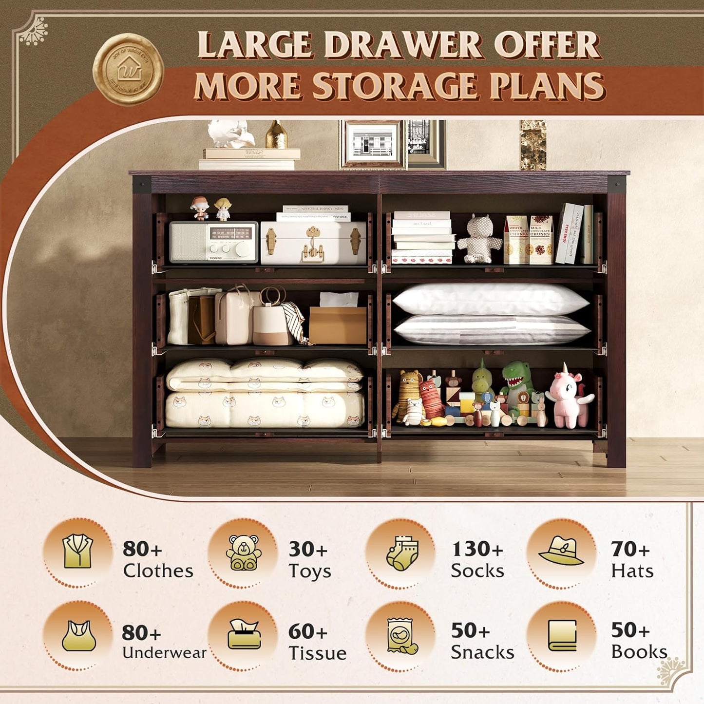 WLIVE Farmhouse 6 Drawer Dresser for Bedroom, 53.07'' Wide Wood Dresser, Storage Organizer with Double Rustic Handle, TV Stand for 60 inch TV, Chest of Drawers for Living Room, Hallway, Brown