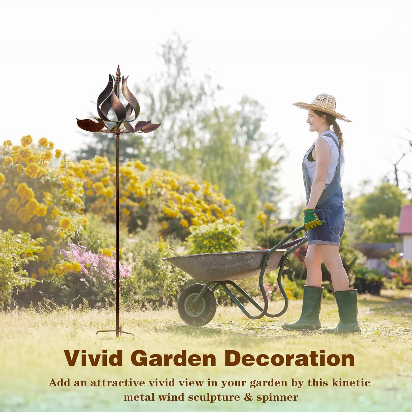 Wind Spinners Outdoor - Large Tulip Metal Bronze Color Wind Sculptures & Spinner, Kinetic Gift Ideal Windmill Decor for Garden and Yard (75 inch Height)