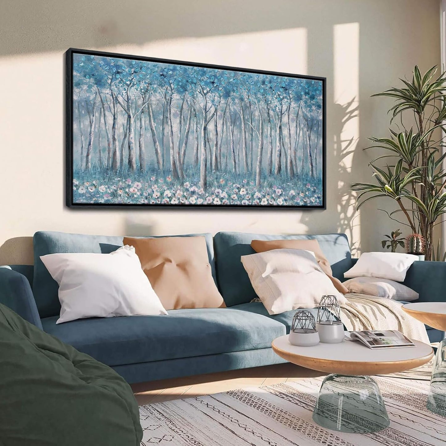 DUNHUANG ART Blue Tree Canvas Wall Art - Large Size Teal Abstract Painting for Home Office Living Room Bedroom Bathroom - Black Framed - Wall Decor Living Room 20"x40"