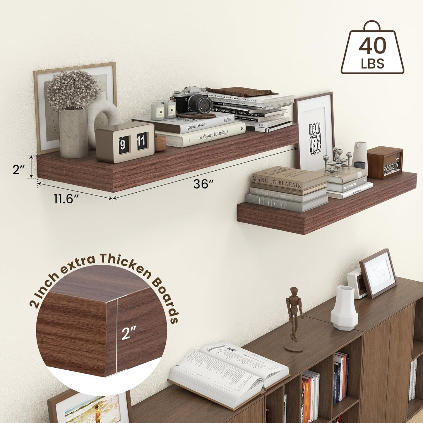 Deep Floating Shelves for Wall, 36'' x 12'' Rustic Large Floating Shelves Set of 2, 12 Inch Deep Walnut Wood Wall Shelves for Living Room Bathroom Laundry Room Bedroom Kitchen Home Office - Walnut