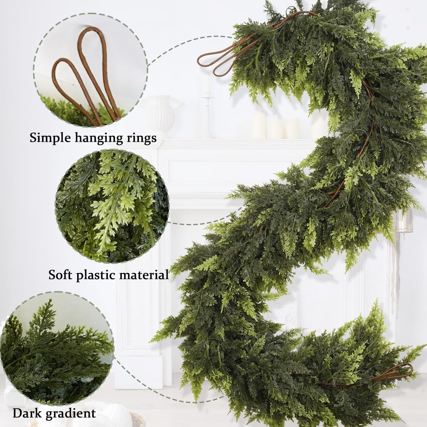 6 Ft Artificial Cedar Garlands – Real Touch Winter Greenery, Realistic Artificial Cedar Tree Christmas Pine Garland Decorations for Table Mantle Wall Indoor Fireplace Holiday Party (6ft, 2)