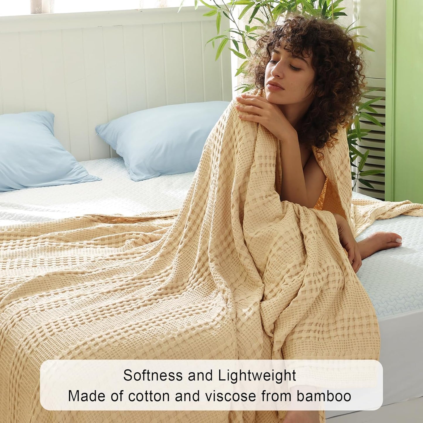 PHF Cooling Waffle Blanket King Size, Lightweight 60% Rayon Derived from Bamboo & 40% Cotton Breathable Blanket for Hot Sleepers, Soft and Luxury for Bed Couch and Sofa, 104"x90", Beige