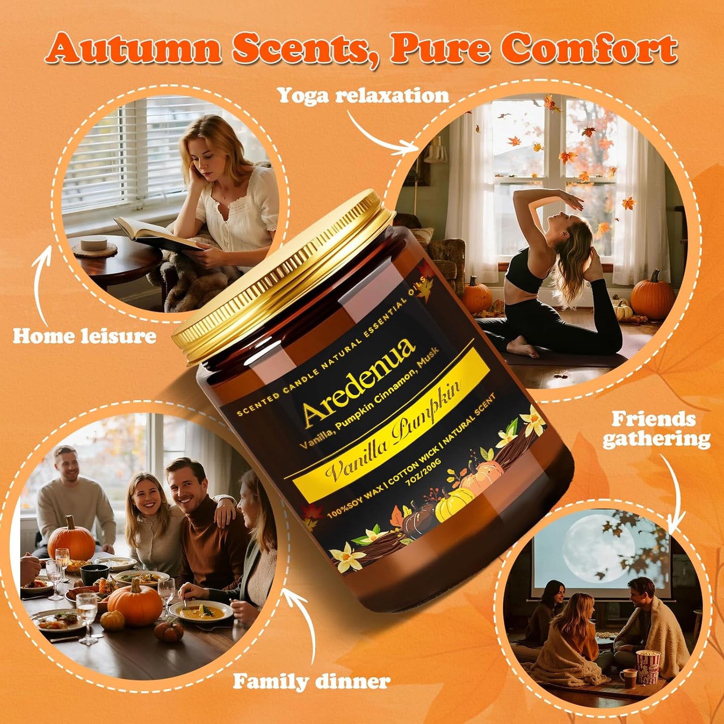 Fall Candle | Vanilla Pumpkin Scented Candle - Scented Candles for Autumn, 7oz Autumn Soy Candles with 50hr Burn Time, Holiday Thanksgiving Fall Gifts for Women Men
