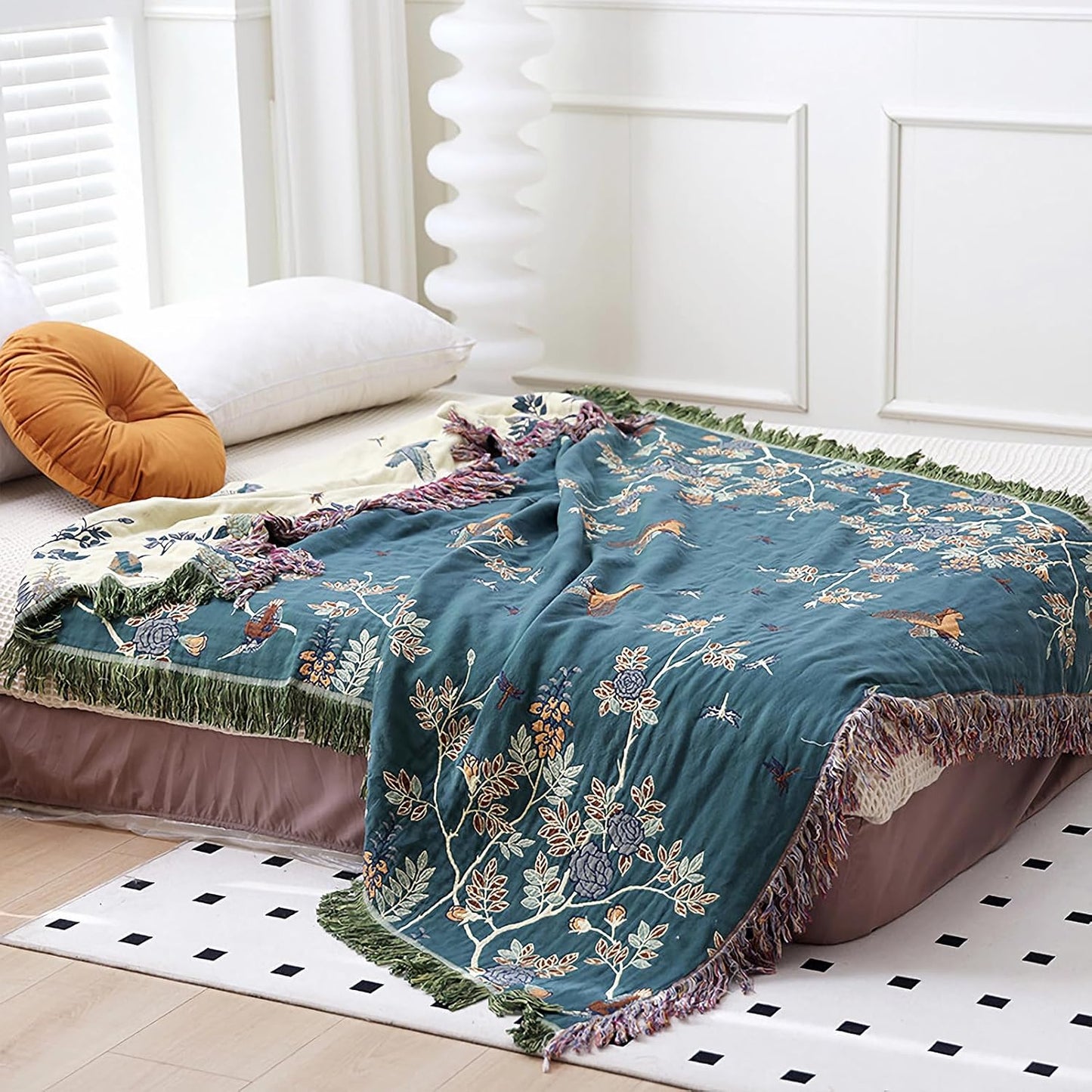 Snycler Boho Throw Blanket for Bed - 100% Cotton Ultra Soft Rustic Quilt Blanket Green Floral Bird Printed Farmhouse Decor Bed Blankets, 80"×90" All Season Rustic Throw for Sofa Chair Couch