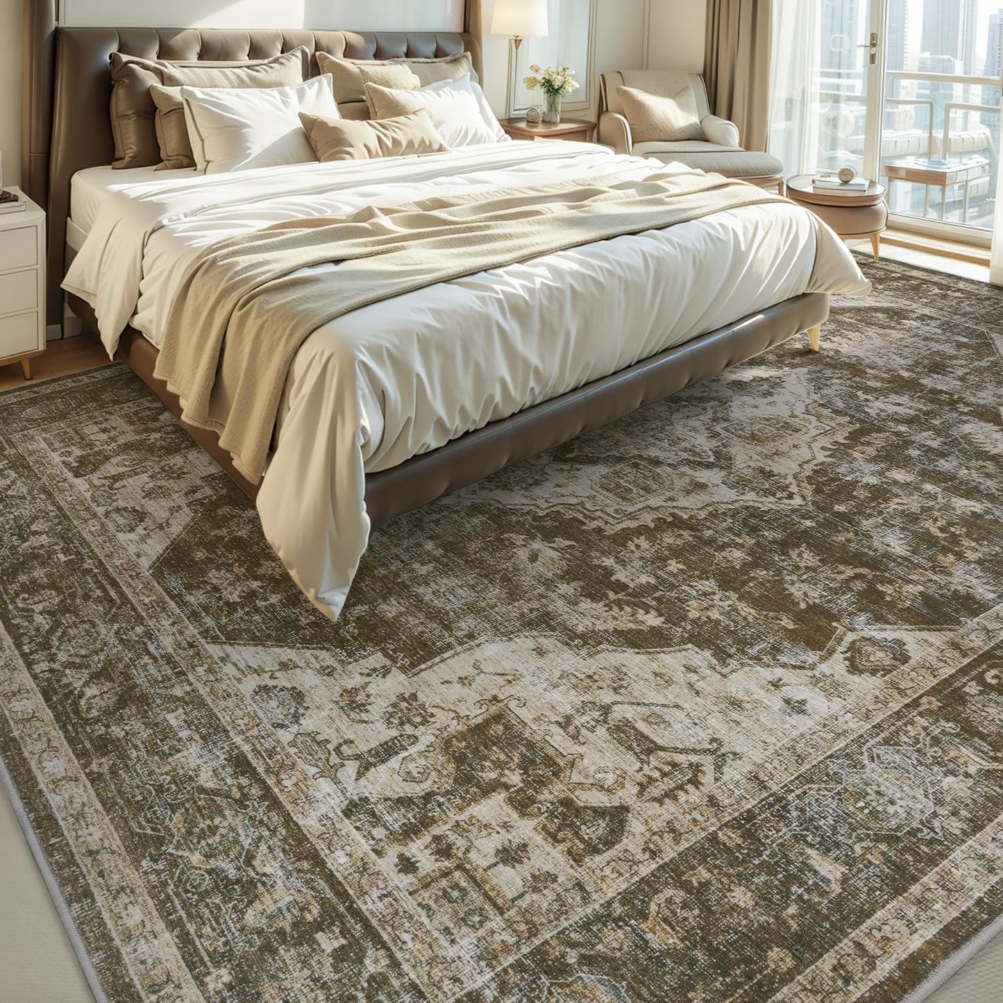 AMOAMI-Area Rug 9X12 Rugs for Living Room-Vintage Soft Coffee&Brown Rugs for Bedroom-Non Slip Carpet-Washable Rug for Dining Room Living Room Bedroom Office Under Table