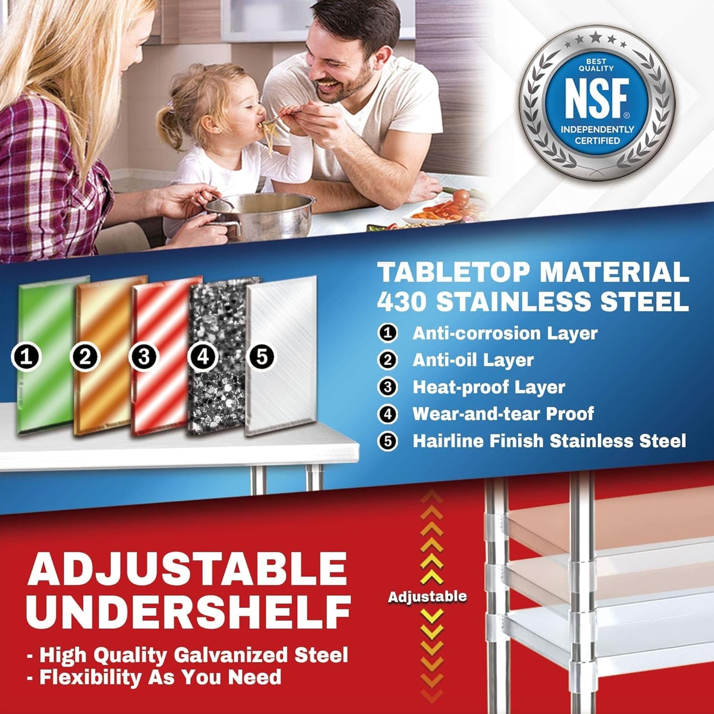DuraSteel Food Prep Stainless Steel Table - 24 x 30 Inch Commercial Metal Workbench with Adjustable Under Shelf - NSF Certified - for Restaurant, Warehouse, Home, Kitchen, Garage