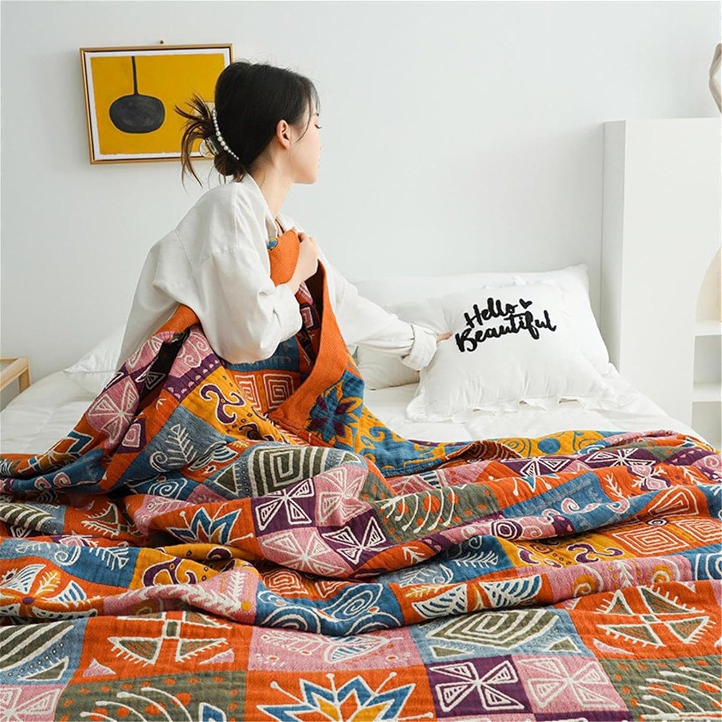 Boho Throw Blanket King Size Christmas Blanket 100% Cotton Blankets for Couch Bed, Cotton Quilts Muslin Bed Blanket 90''x 98'' Cozy Pre-Washed Decor Gift for All Seasons