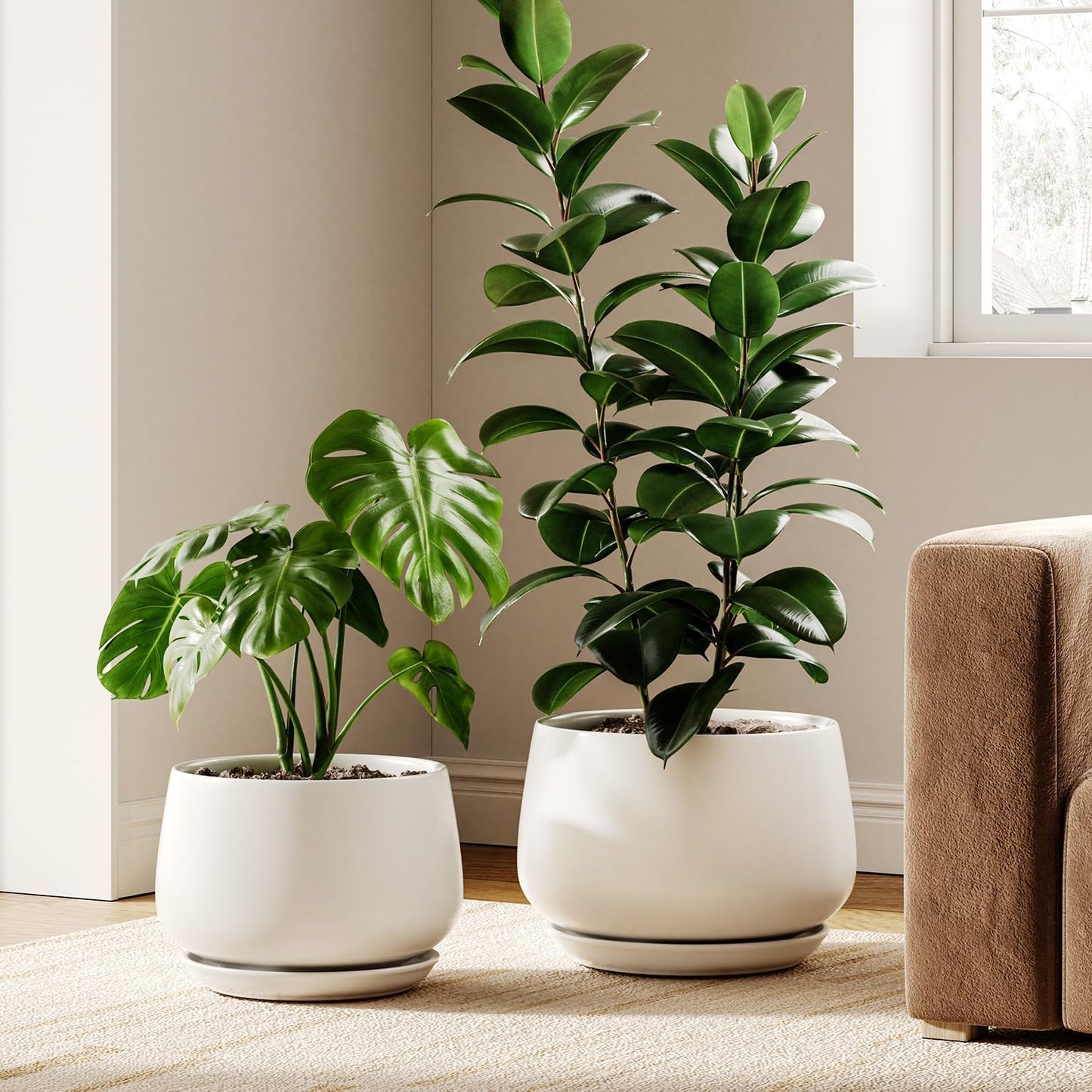 LE TAUCI Ceramic Plant Pots, Set of 2, 10 + 12 Inch Plant Pot, Elegant Planters for Indoor Plants, Sturdy Planter with Drainage Hole and Saucers, Perfect for Home Decor, White