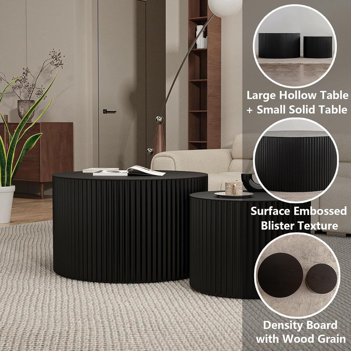 Nesting Coffee Table Set of 2 Modern Black Handcraft Fluted Coffee and End Table Sets Wooden Drum Small Round Side Table Funky Center Tables for Living Room,No Assembly,Black Large