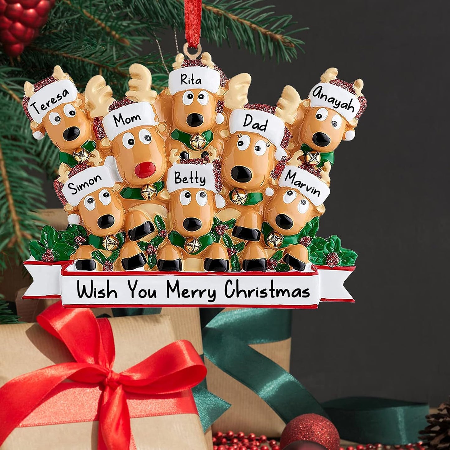 Personalized Deer Christmas Ornaments 2025 Family of 2,3,4,5,6,7,8 Custom Name Reindeer Xmas Ornament with Text,Customized Christmas Decoration Gifts - Family of 5
