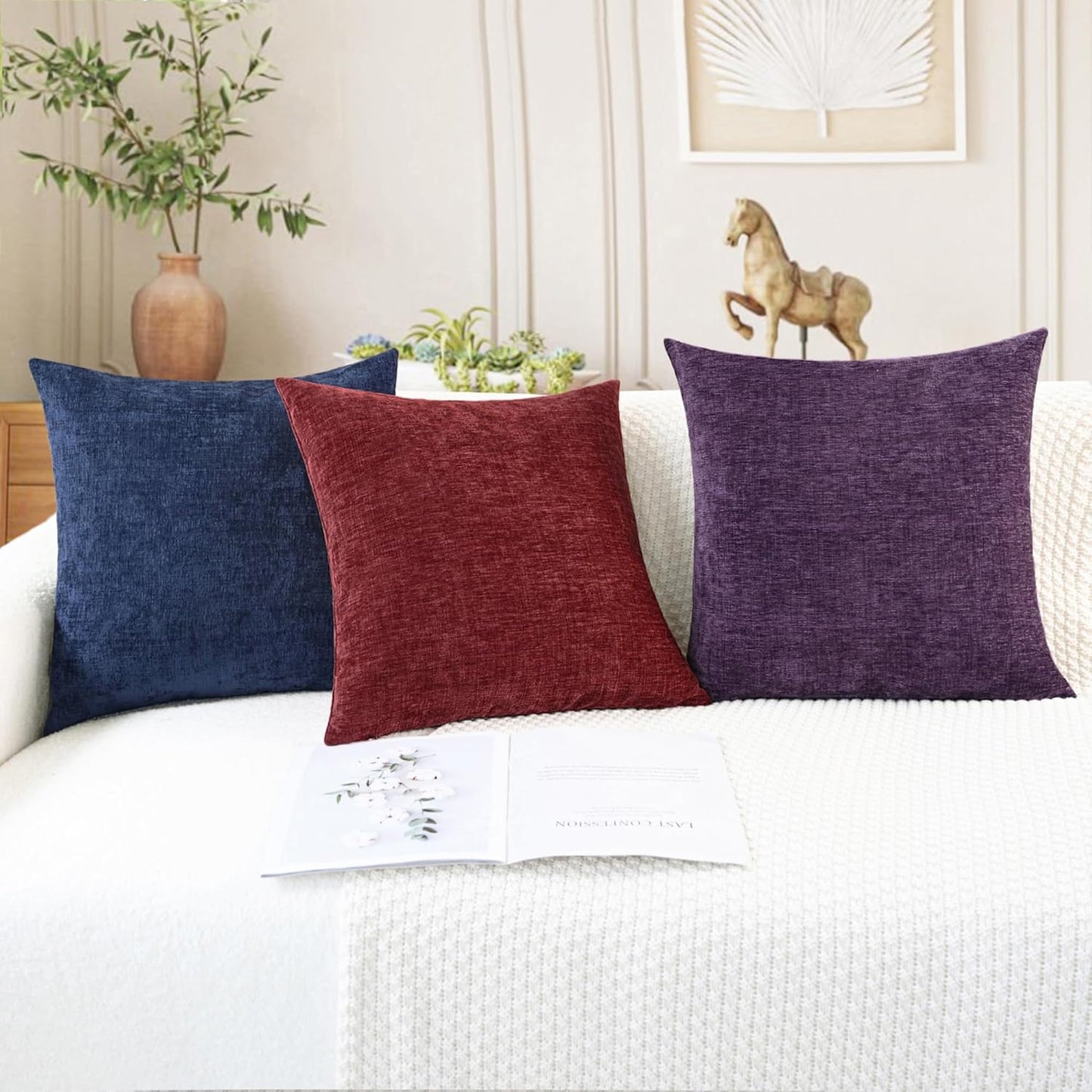 CaliTime Throw Pillow Covers Decorative 18 X 18 Inches Pack of 2 Cozy Chenille Cushion Cases for Couch Sofa Bed Living Room Home Plum Purple