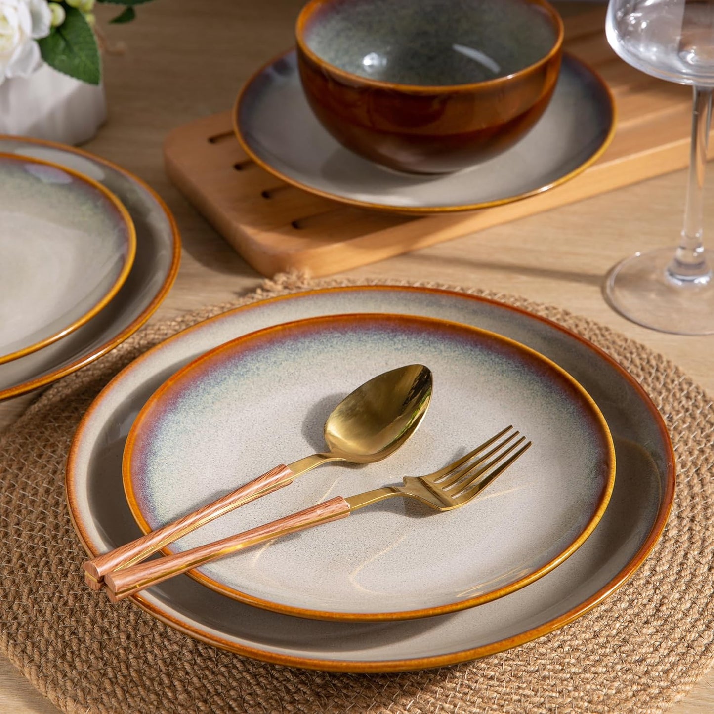 LERATIO Ceramic Dinnerware Sets for 8,Stoneware Plates and Bowls Sets,Handmade Reactive Glaze Dishes Set,Chip Resistant and Scratch Resistant | Oven&Dishwasher & Microwave Safe-Kahki (24PCS)