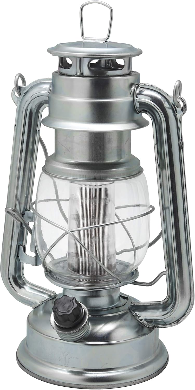 YAKii LED Vintage Lantern Metal Hanging Hurricane 12 LED Dimmer Switch Cold White Battery Operated Power Outage Indoor Camping Lighting Outdoor Brooklyn (Silver 2 Pack)
