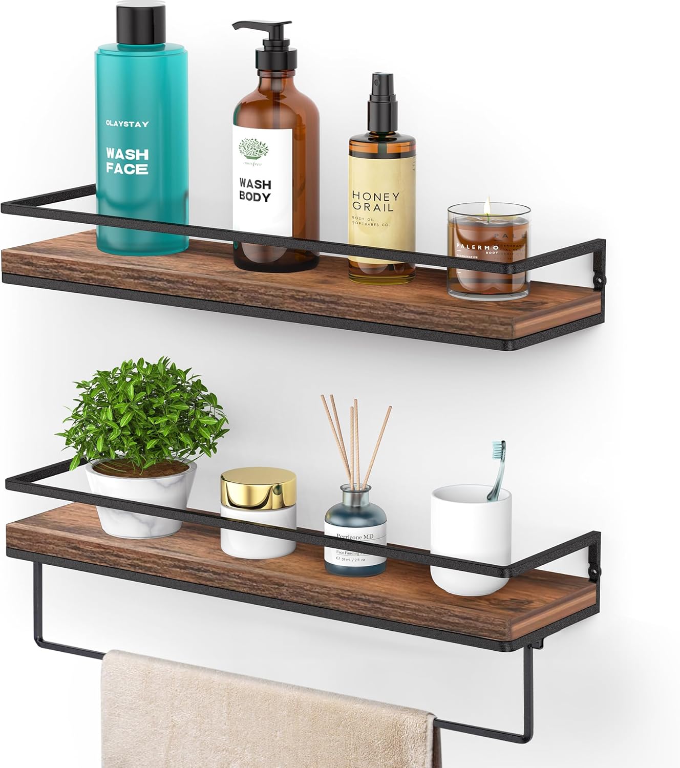 Meangood Floating Shelves Wall Mounted Set of 2, Wall Shelf with Towel Bar Rustic Wood Wall Storage Shelves for Bedroom,Living Room,Bathroom, Kitchen Rustic Brown