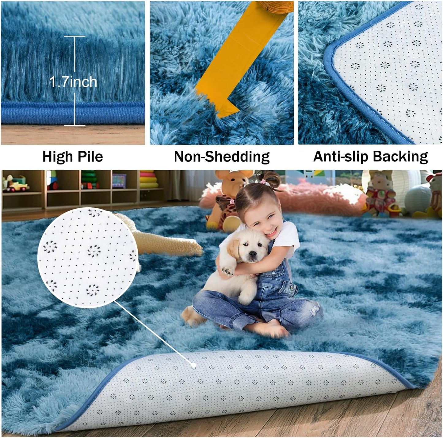 Rezutan Fluffy Rug for Living Room Bedroom, Soft Large Comfy Modern Shaggy Fuzzy Plush Indoor Nursery Home Decor Bedside Rug with Non-Slip Bottom, Tie Dye Peacock Blue Rugs, 8X10 Feet