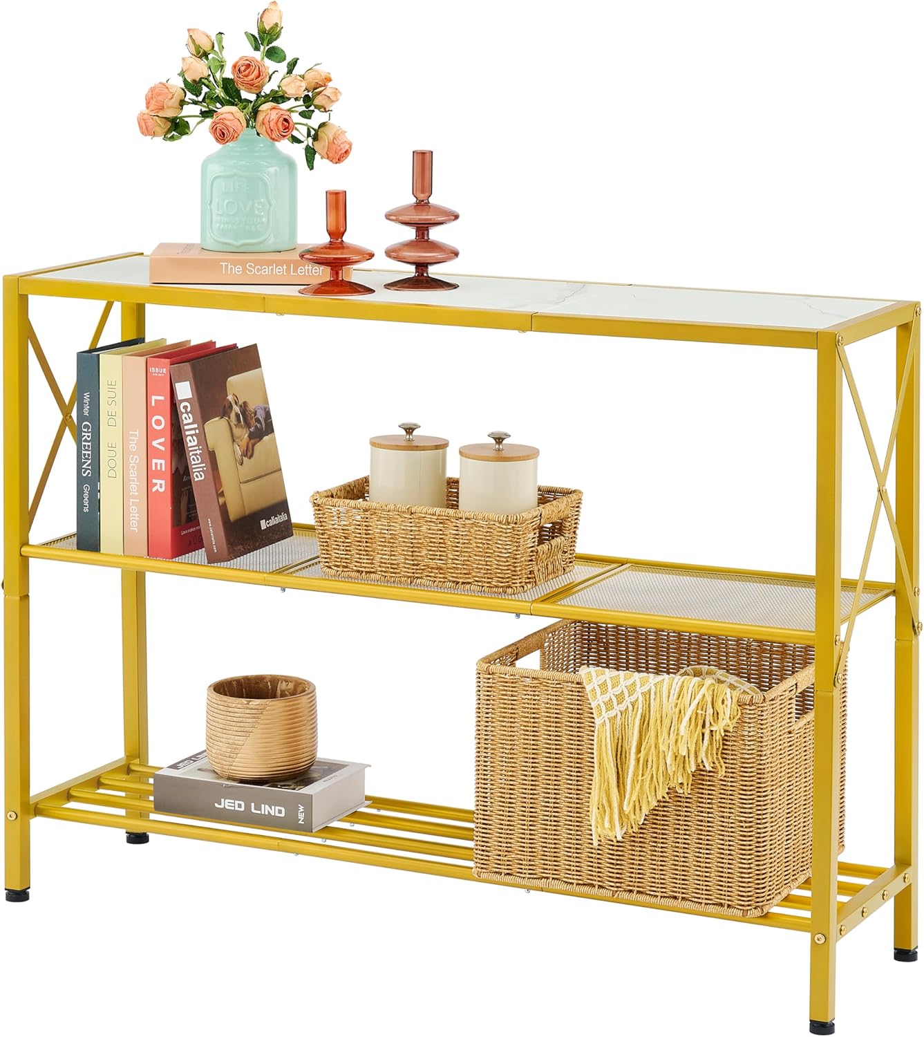 Hoctieon Gold Console Table, 3 Tier Entryway Table, Hallway Table, Narrow Sofa Table with Shelves, Entrance Table for Entryway, Gold and White