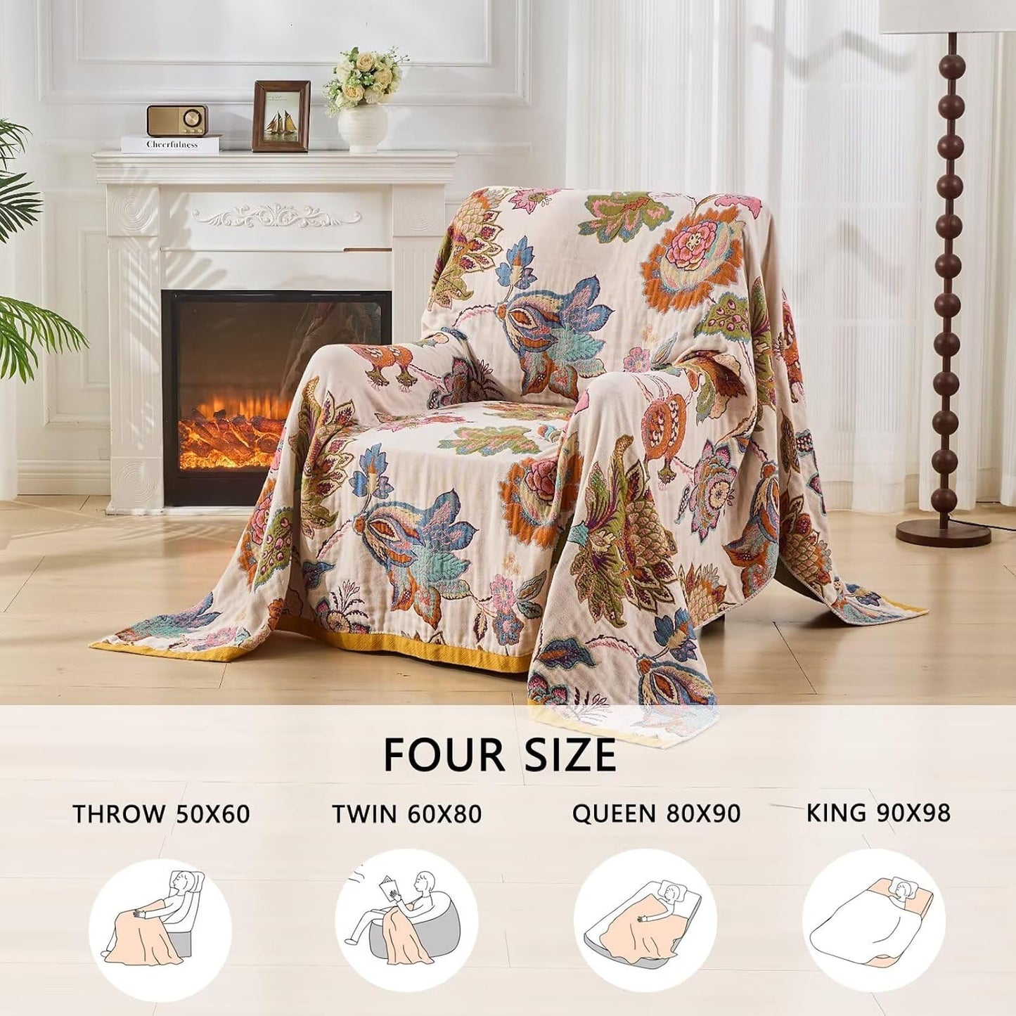 Boho Throw Blanket for Bed, Lightweight Reversible Quilt, Fall Cotton Blanket, Queen Size Boho Floral Bird Colorful Retro Quilt Ultra Soft Reversible Gauze Blanket for All Season, 80"x90"