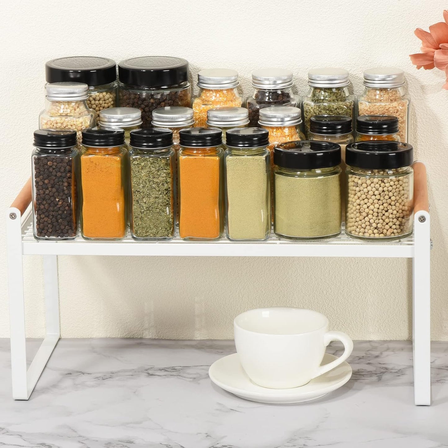 PATIKIL Kitchen Cabinet Shelf Organizer, Wood Counter Shelf Stackable Storage Shelf For Cupboard, Pantry, Corner, Under Sink - White
