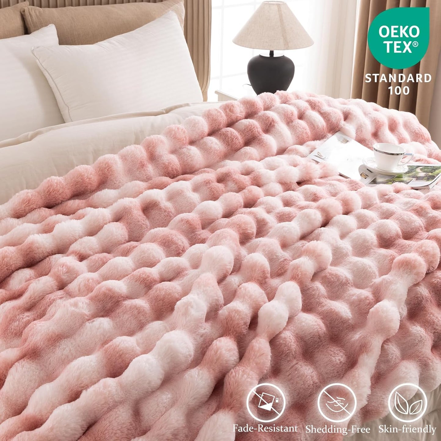 Cozy Faux Fur Throw Blanket for Couch-Warm Fuzzy Throw Blanket, Soft Plush Thick Bubble Blankets for Bedroom and Living Room, Furry Luxury Blanket, 50 x 60, Tie-Dye Pink