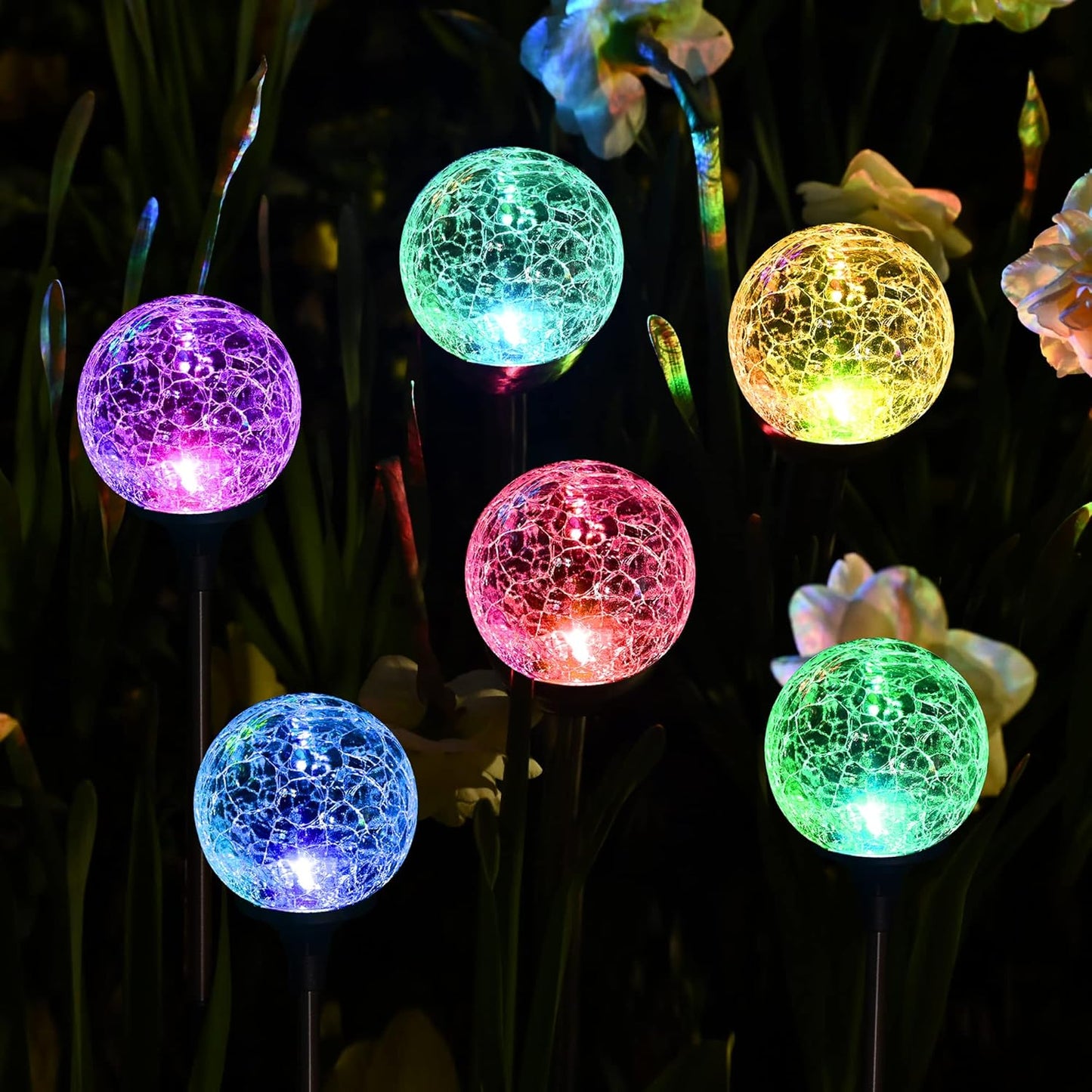 SOLPEX Solar Garden Lights 6 Pack, Solar Globe Lights Outdoor Waterproof, Solar Lights Outdoor Decorative, Multi-Color Changing Garden Spheres Large Waterproof for Yard, Cracked Glass Ball LED Lights