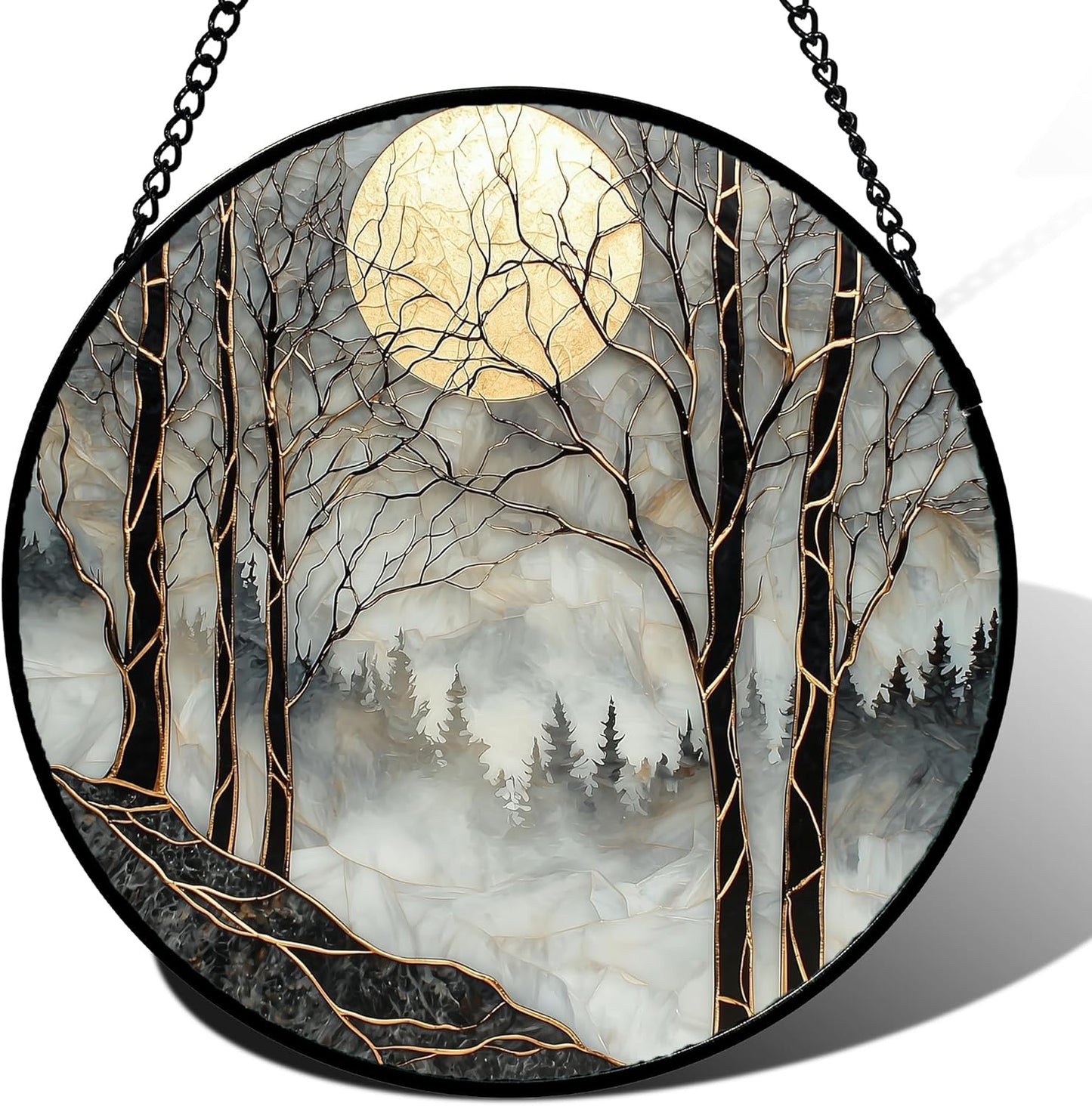 Stained Glass Window Hanging - Black and White Gold Moon Forest Sun Catcher for Door Home Decor Suncatcher Christmas Mother's Day Birthday Gifts for Women Men Lovers Mom Nana 7.8 in