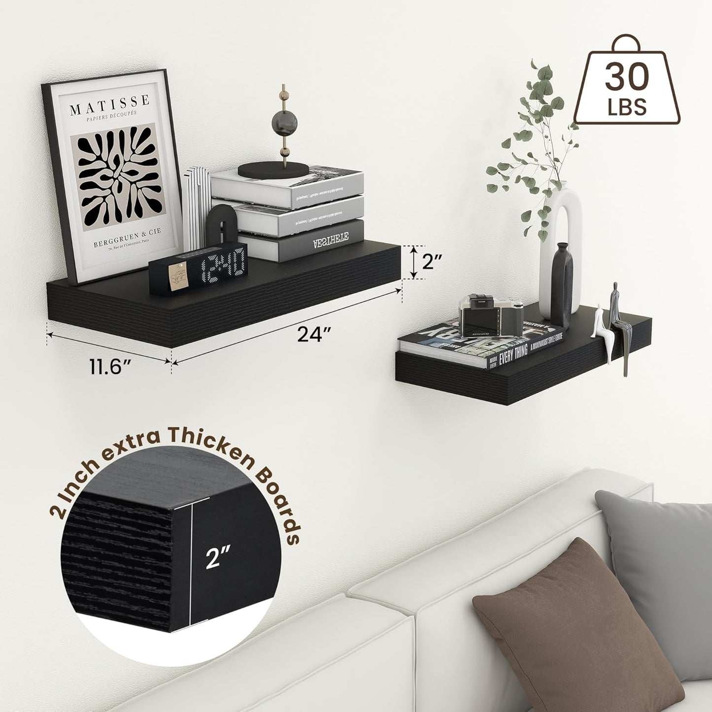 Deep Floating Shelves for Wall, 24W x 12D Black Floating Shelves Set of 2, 12'' Deep Large Wood Shelves for Living Room Bathroom Laundry Room Bedroom Kitchen Home Office - Black