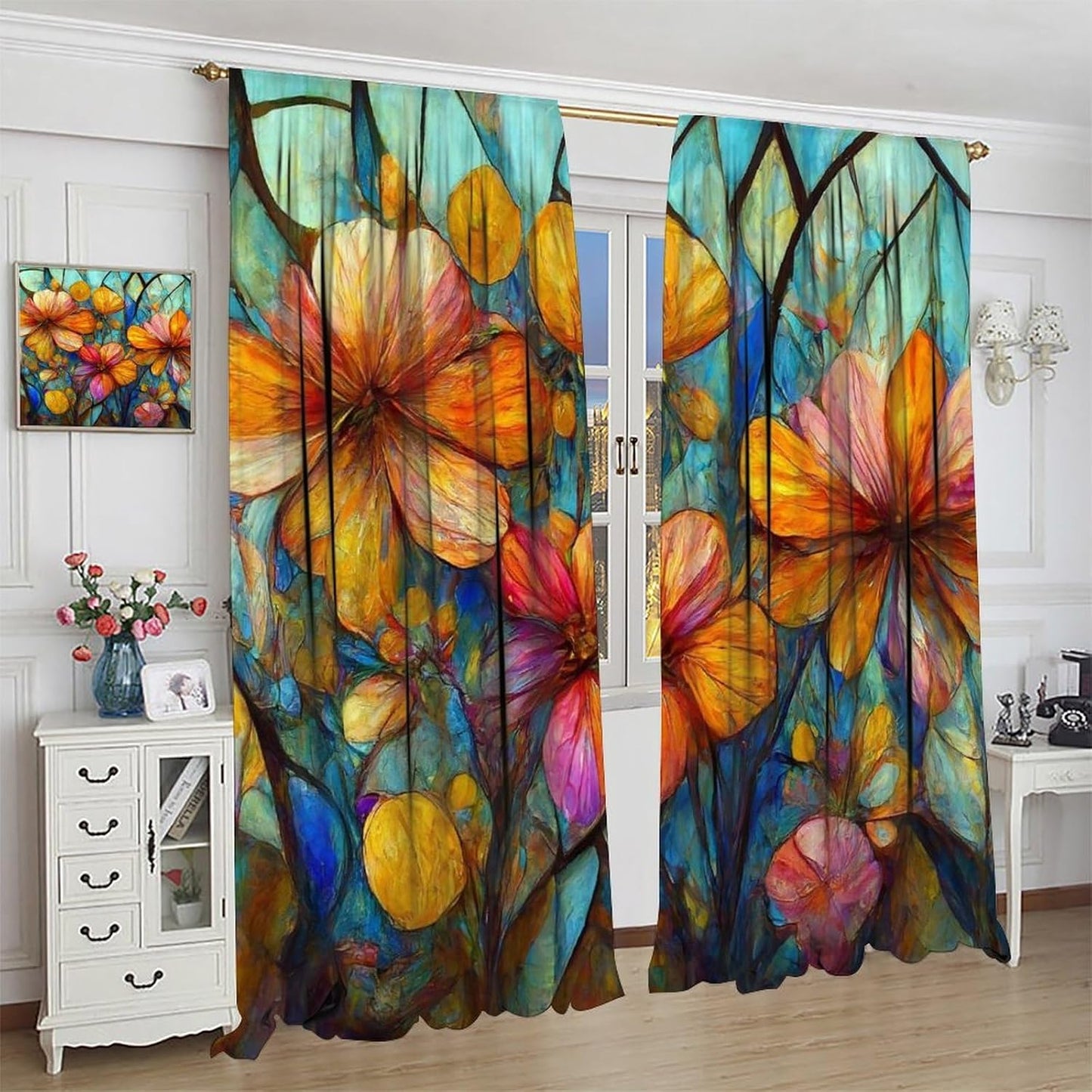 Stained Glass Curtains,Magic Forest Colorful Flowers Abstract Art Home Decor Drapes for Bedroom Living Room Kitchen Window Treatment 2 Panels Set Total Size 42" W X 45" L Inch