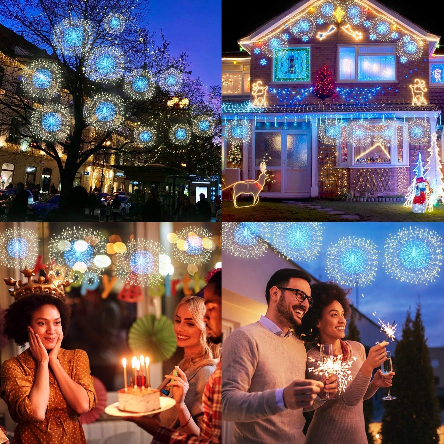 8 Pack Firework Lights 180 Led Copper Wire with 8 Models Power Supply Remote Control Waterproof Outdoor Hanging for Decor Garden Party Christmas