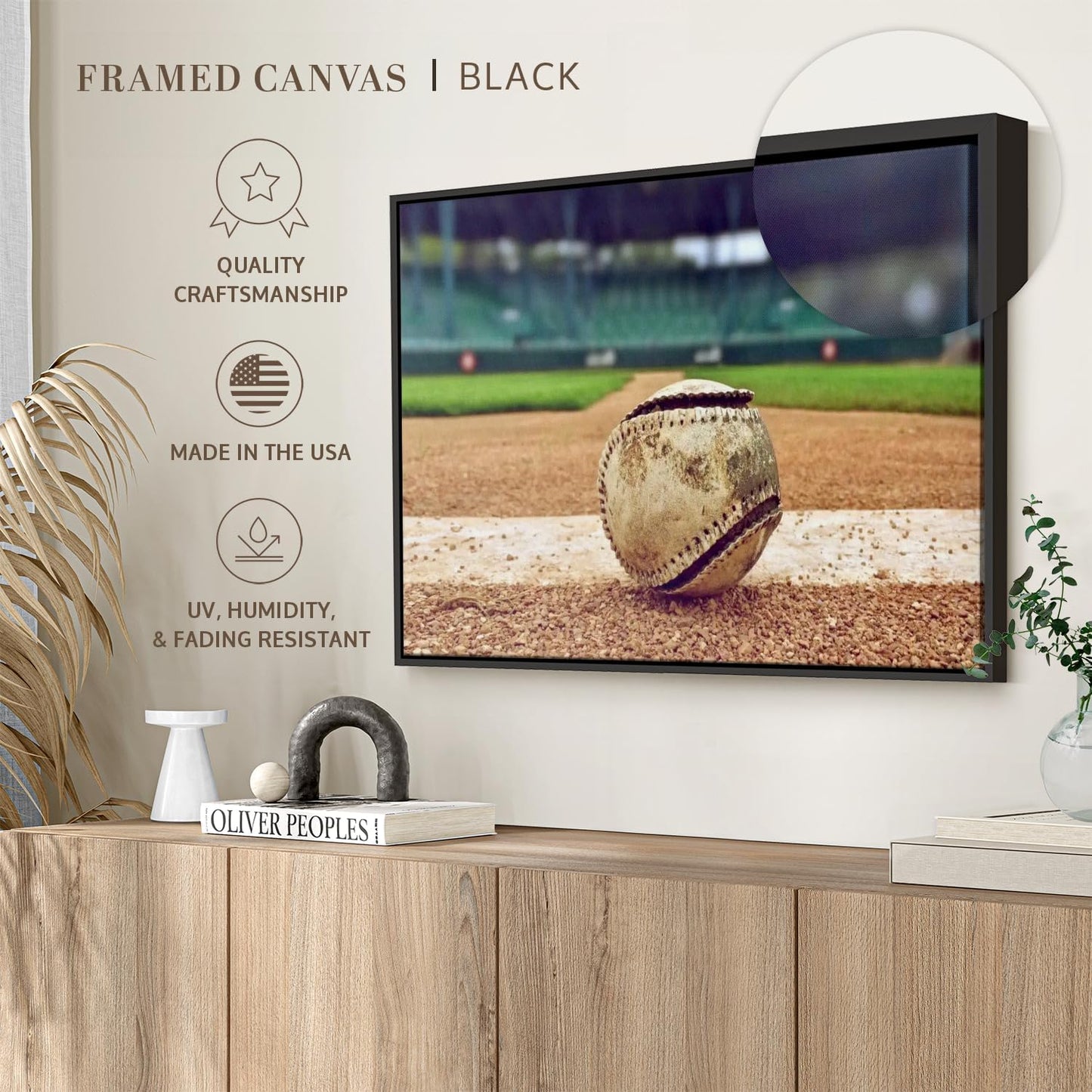 ElephantStock Baseball In Stadium Wall Art - Horizontal Framed Canvas - 1-Piece Living Room Wall Decor - Car Photography Canvas Print - Brown and Beige Decor for Wall - 19" X 13"