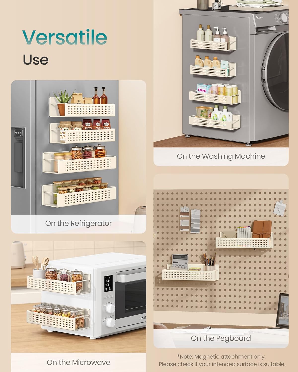 SONGMICS Magnetic Spice Rack for Refrigerator, Set of 4, 2 Large and 2 Small Kichen Magnetic Shelves for Microwave, Washing Machine, Spice Organizers, No Drilling Needed, Cream White UKCS061W01