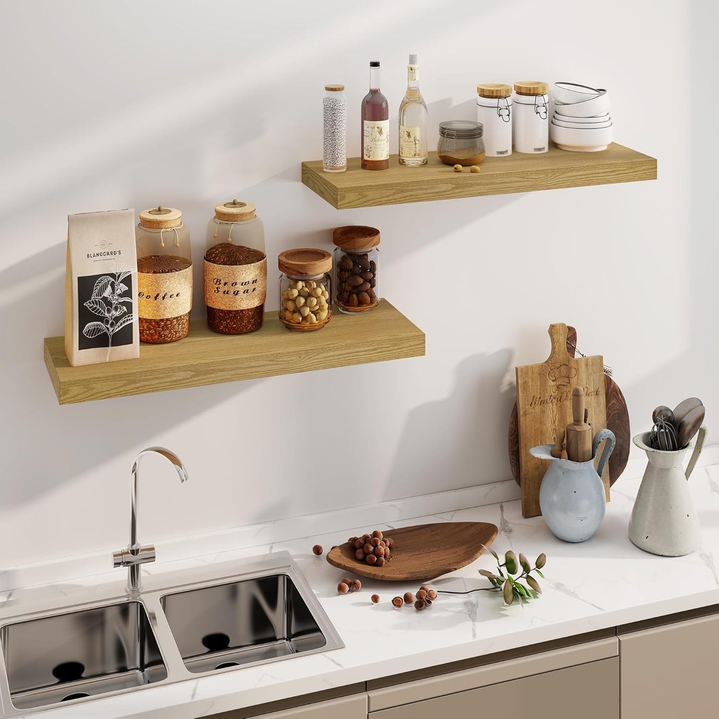 Fun Memories Floating Shelves 36 Inch Long, Deep Floating Shelf for Wall, 36 x 8 Floating Shelves Set of 2, 8 Inch Deep Wall Shelf for Living Room, Kitchen, Bedroom, Large Storage Shelves, Oak Color