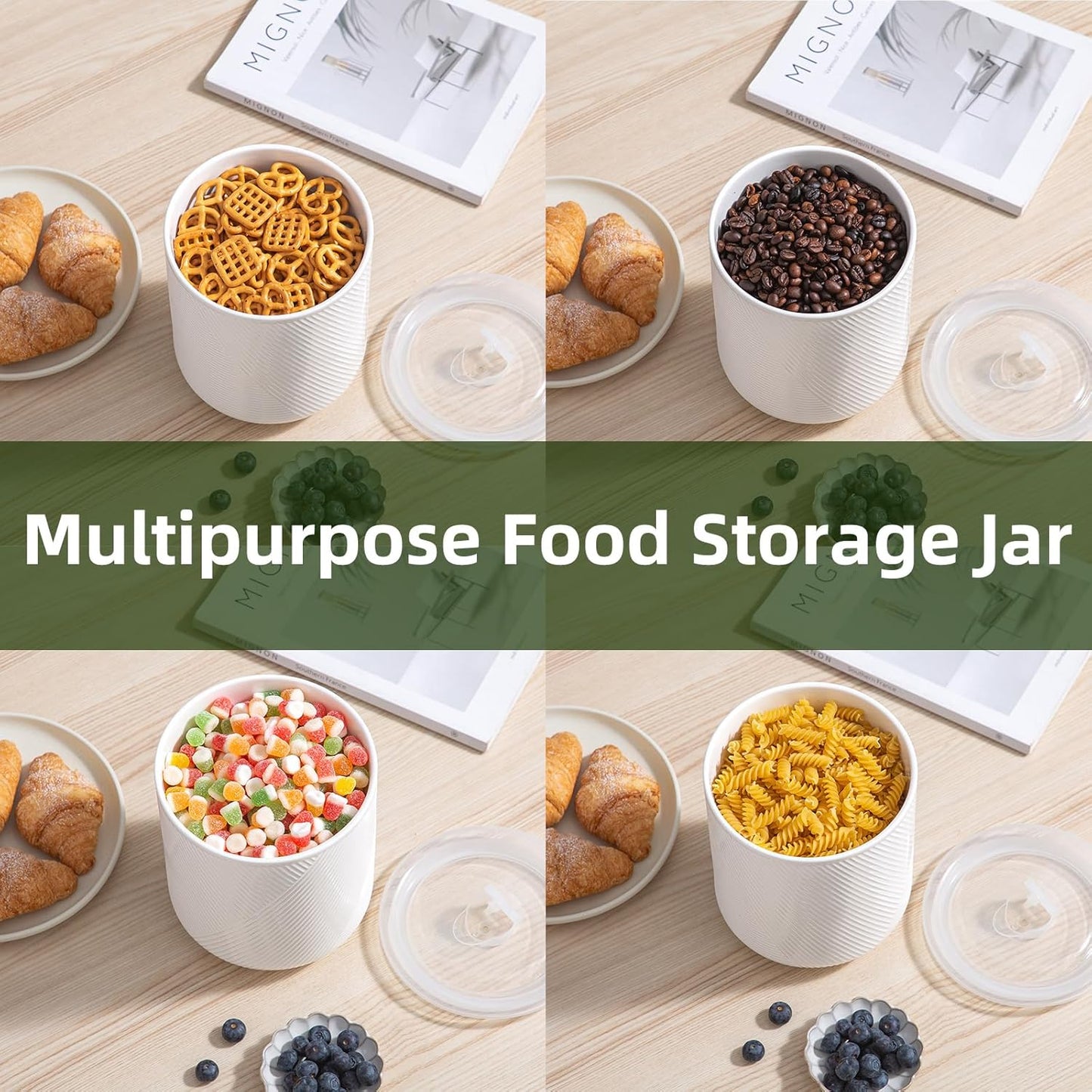 Food Storage Containers with Airtight Lids: Ceramic Canister Sets for Kitchen Countertop - Porcelain Jar for Coffee Tea Flour Sugar Rice Cookies Candy - White (42+75 oz)