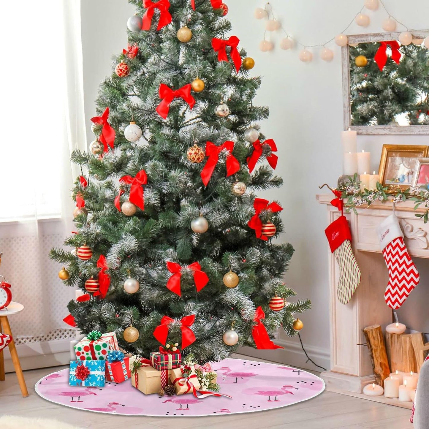 Christmas Flamingo Champagne Tree Skirt, Seasonal Tree Mat Holiday Party Supplies Ornaments Indoor Outdoor Decorations for Tabletop Trees 35.4 Inches