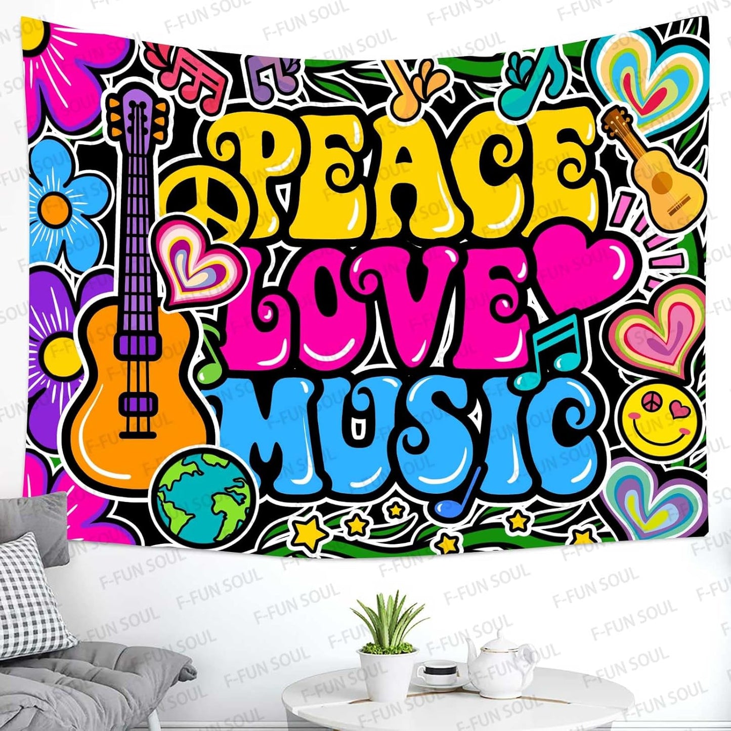 F-FUN SOUL Peace Love and Music Tapestry, 40x30inches Soft Flannel, Guitar Symbol Dove Flowers Psychedelic Art Tapestries Wall Hanging for Bedroom Living Room Decor Banner