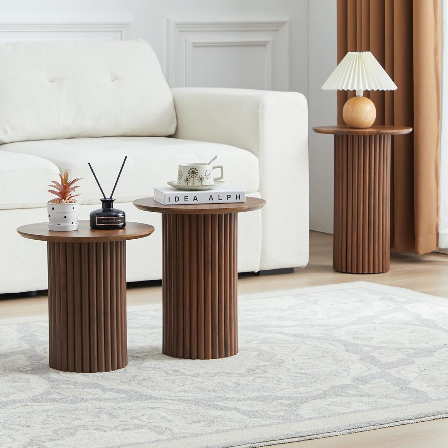 Round Nesting Coffee Table Set of 3,Mid Century Modern Fluted Coffee and End Table Set,Small Circle Wooden Side Table Drink Table for Living Room (Walnut)