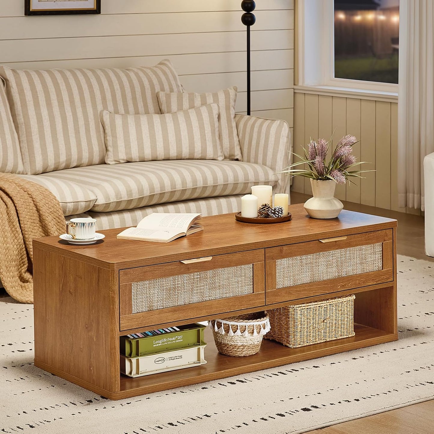 LEYAOYAO 48" Farmhouse Boho Rattan Coffee Table with 2 Woven Drawers,Rectangular Coffee Tables with Hidden Storage Compartment,Curved Profile Design,Wooden Center Table for Living Room,Office,Brown