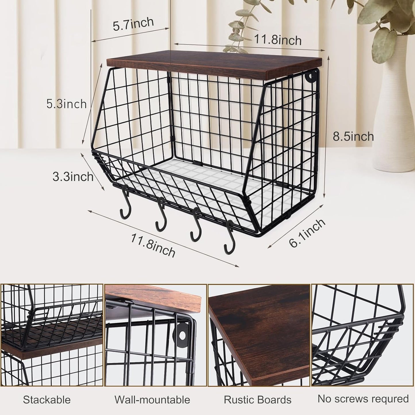 Fruit Bowl, Stackable Wall Mounted Fruit Basket of Smooth Wood Lid with 4 Banana Hanger Hooks, Metal Kitchen Counter Organizer for Snack, Fruit and Vegetable Storage, 11.8 * 7.9 * 8.5 Inches
