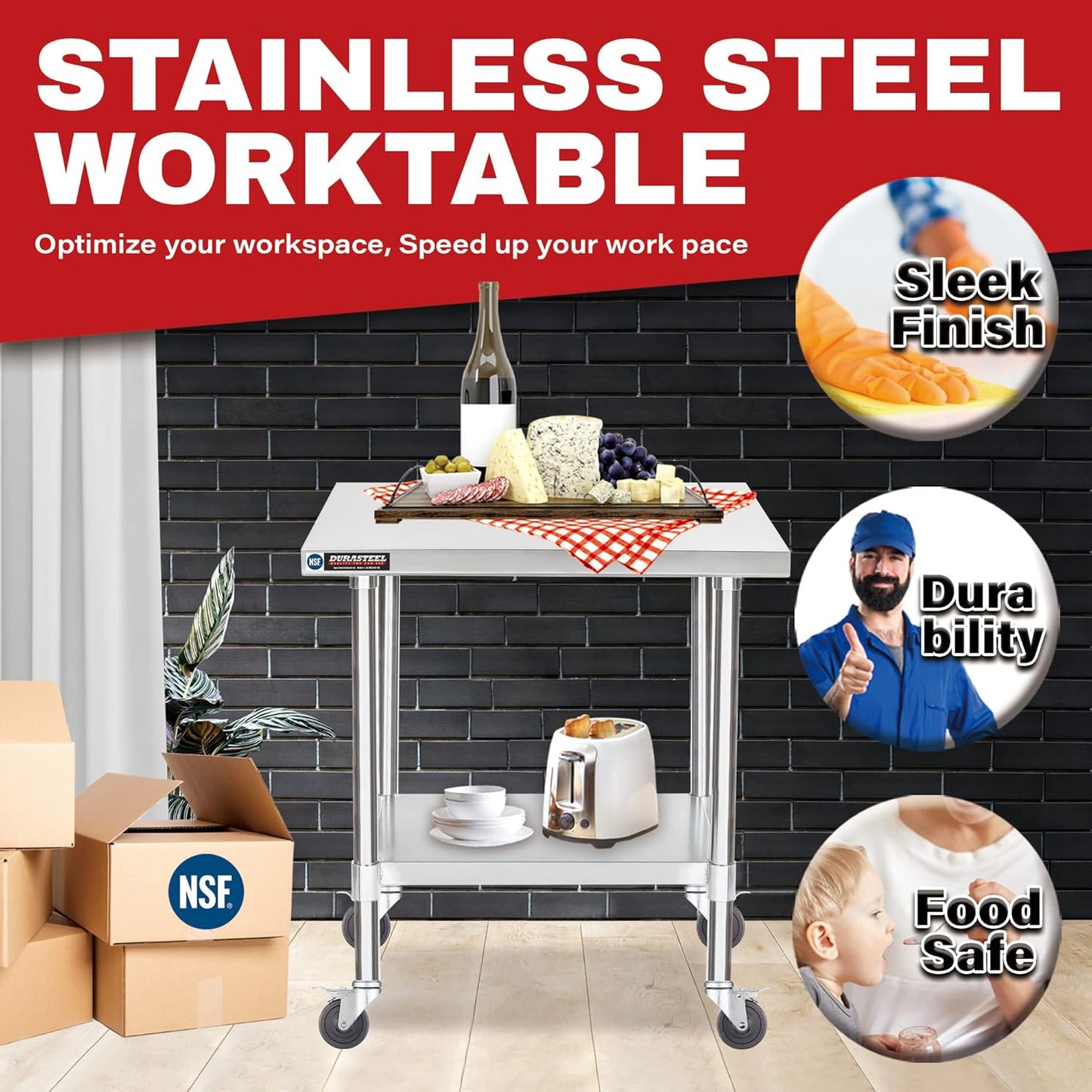 DuraSteel 24x30 NSF Stainless Steel Cart Work Table - Heavy Duty Rolling Food Prep Table Countertop Island - Metal Utility Cart on Wheels Caster, Grill Stand Storage Outdoor Kitchen Tables Bar Top