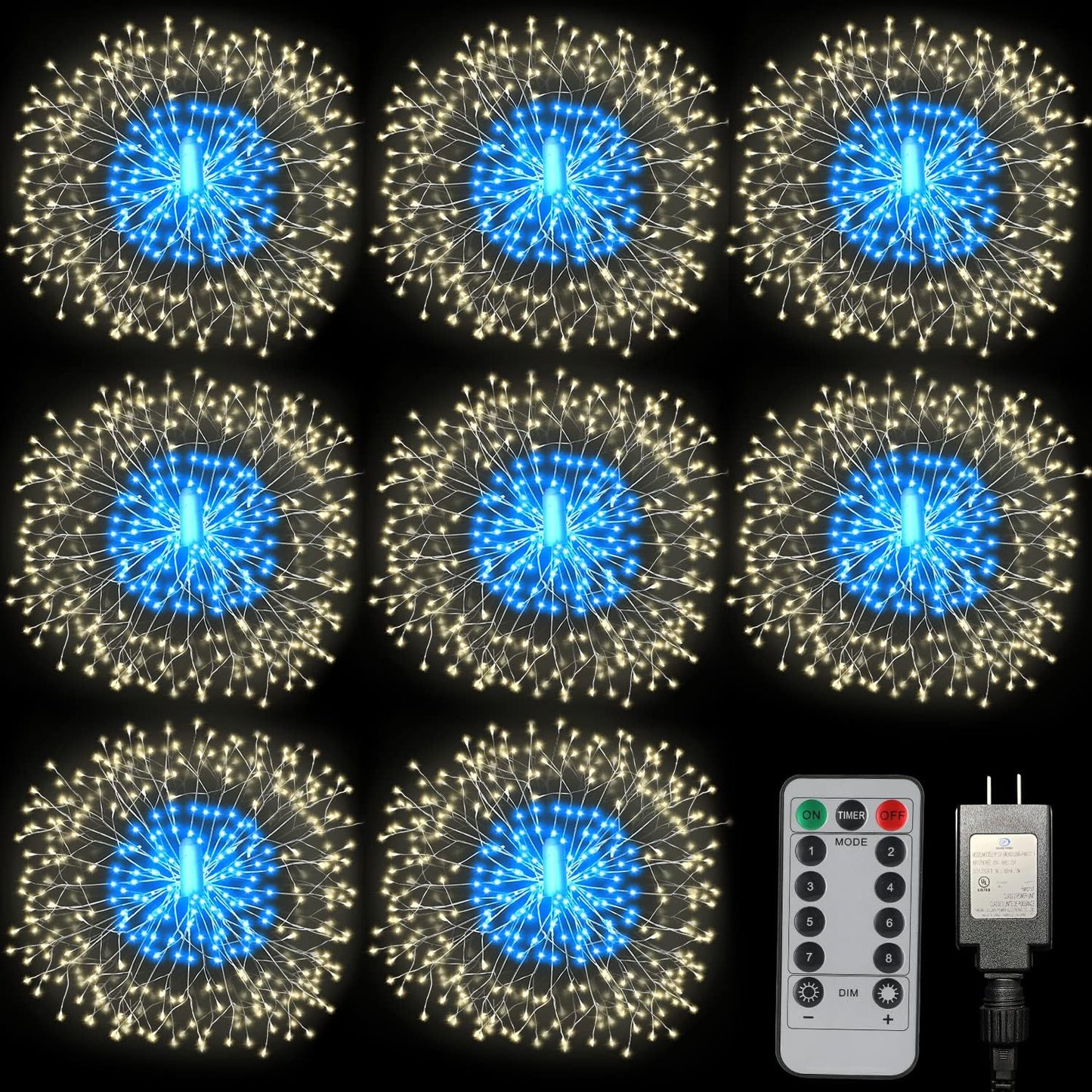 8 Pack Firework Lights 180 Led Copper Wire with 8 Models Power Supply Remote Control Waterproof Outdoor Hanging for Decor Garden Party Christmas