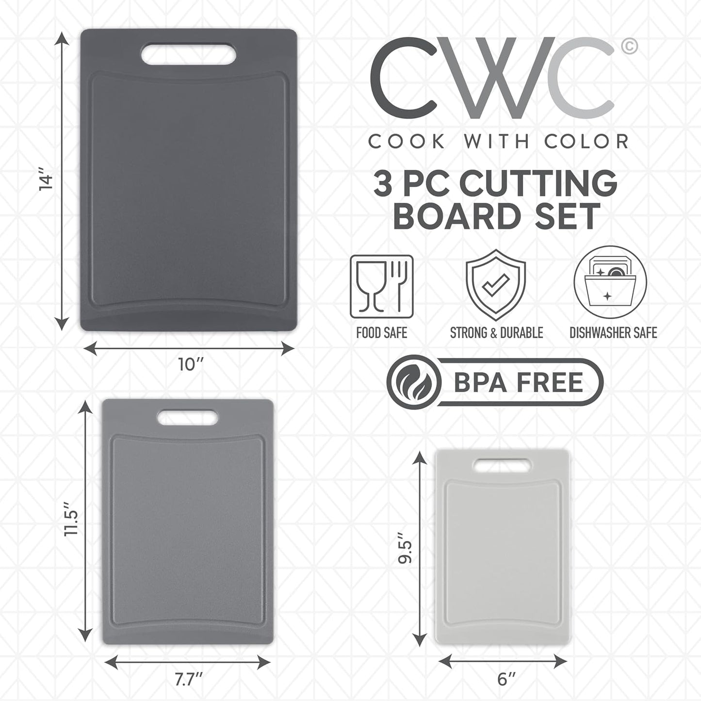 COOK WITH COLOR Non-Slip Cutting Board Set – Kitchen Essentials with Easy Grip Handle for Meat, Veggies, and Fruits, 3 Cutting Boards, Gray