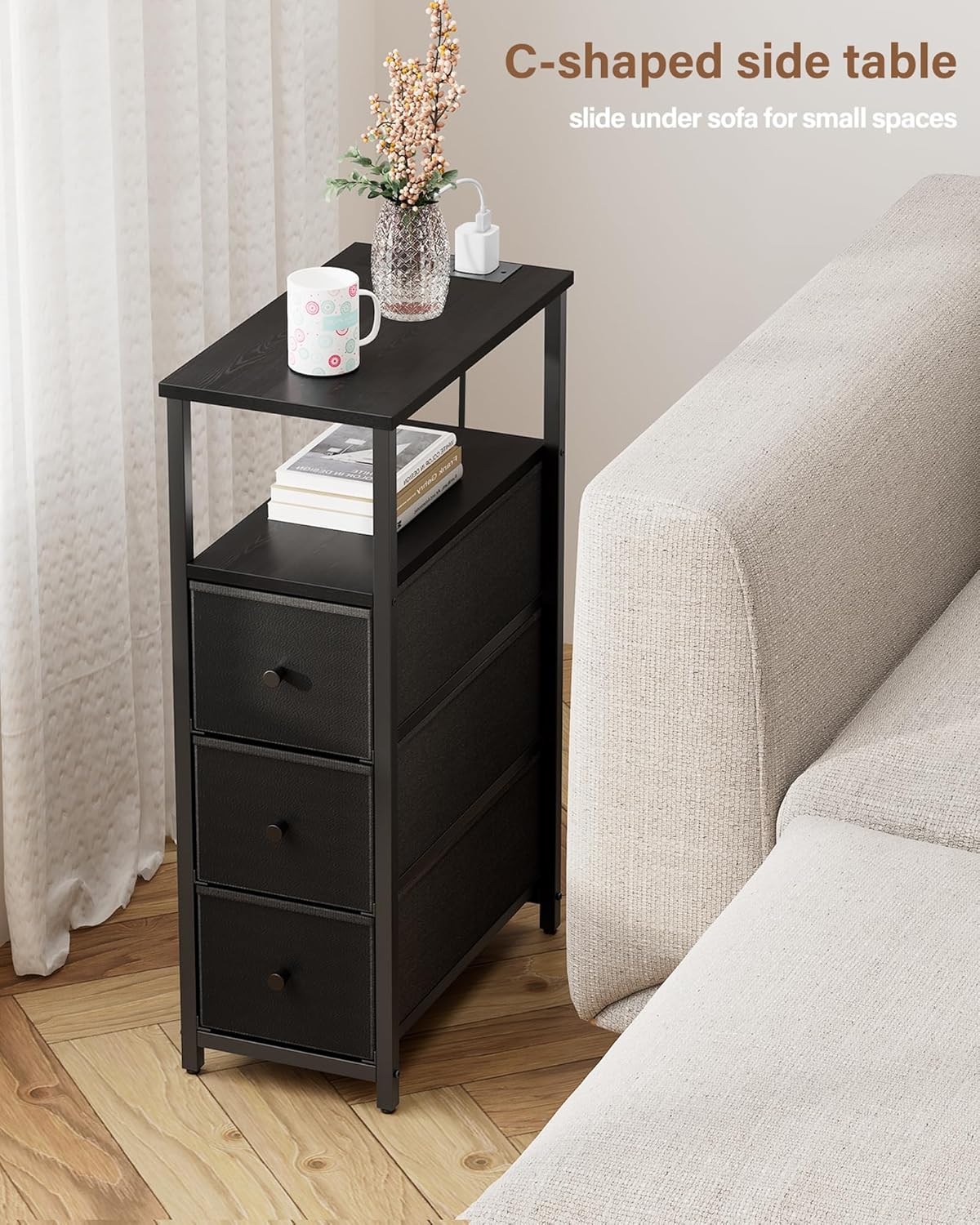 TUTOTAK Narrow Night Stand with Charging Station, Slim End Table with Plugins, Tall Side Table with 3 Fabric Drawer, Small Bedside Table with Storage, Set of 2, Living Room, Bedroom, Black TB01BK073