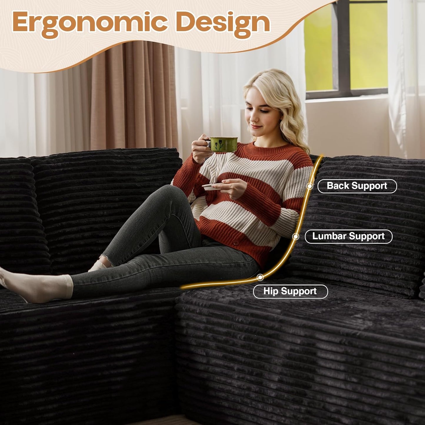 Cloud Sectional Couches for Living Room,U Shaped Modular Sofas No Assembly,133x68 Inches Plush Corduroy Oversized Floor Couch Set with Deep Seat Chaise,Black