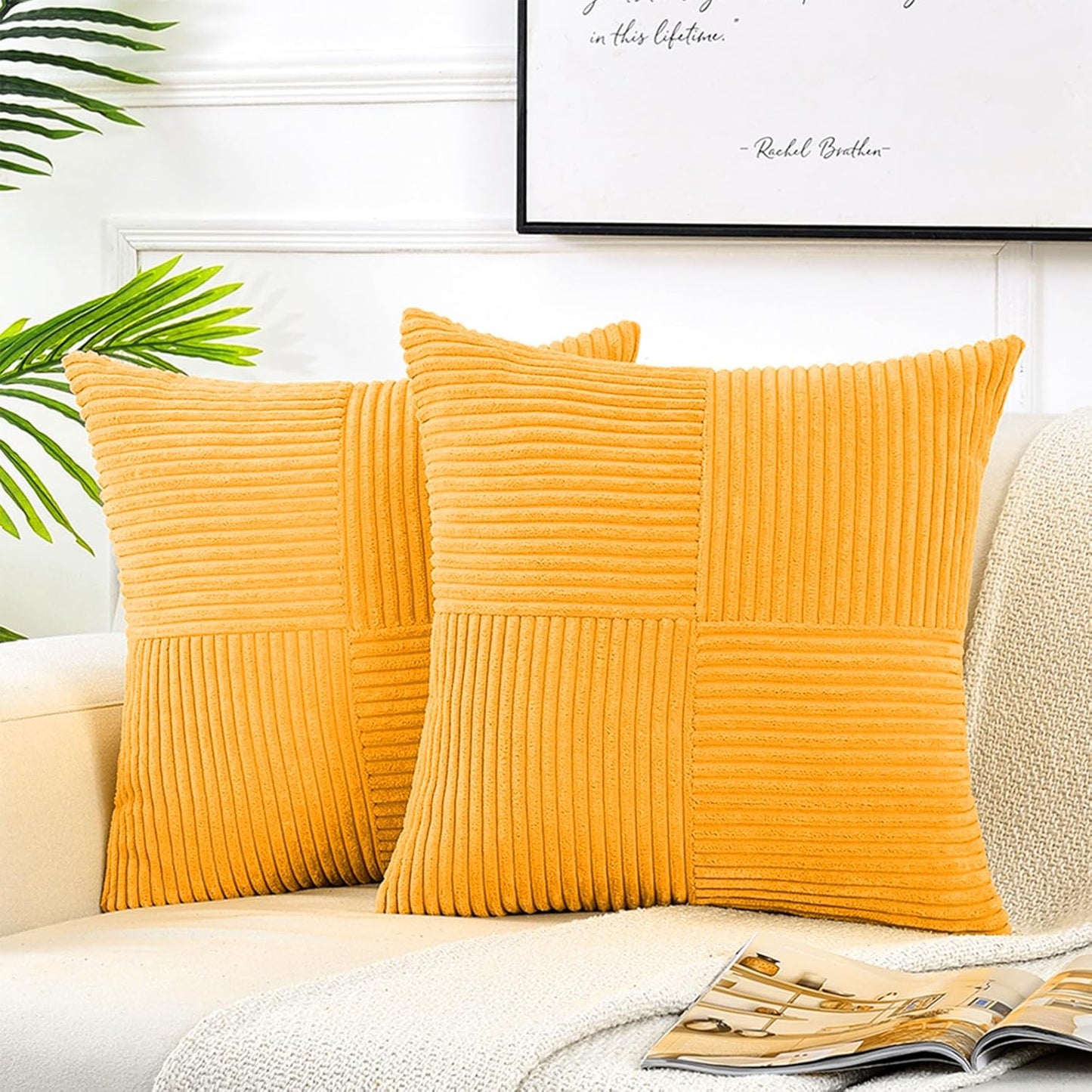 Fancy Homi 2 Packs Gold Yellow Spring Decorative Throw Pillow Covers 16x16 Inch for Couch Bed Sofa, Rustic Farmhouse Boho Home Decor, Soft Corss Patchwork Corduroy Textured Square Cushion Case 40x40cm