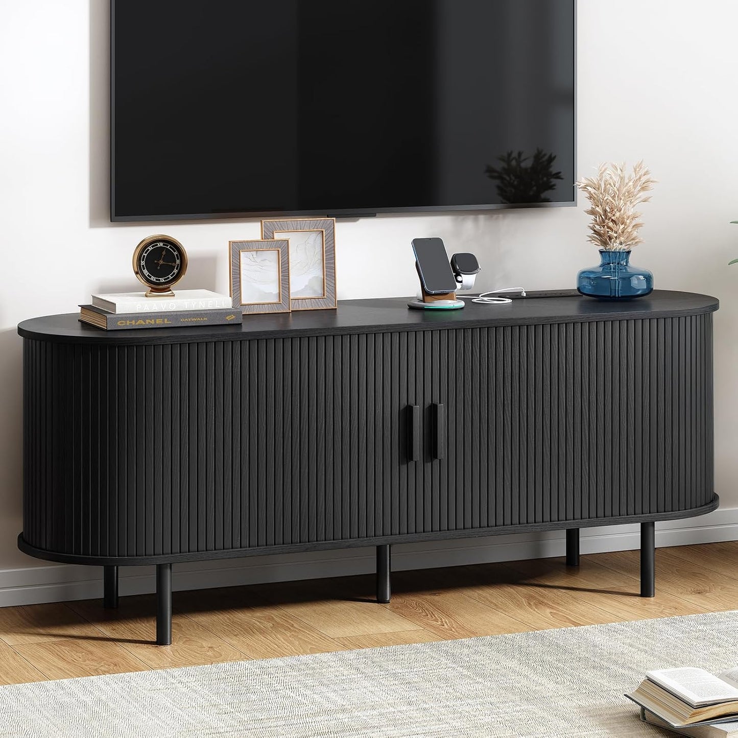 63" TV Stand with Power Outlet, Modern Media Console with Sliding Doors, Entertainment Center for TVs up to 60 Inch, Adjustable Shelves, Black