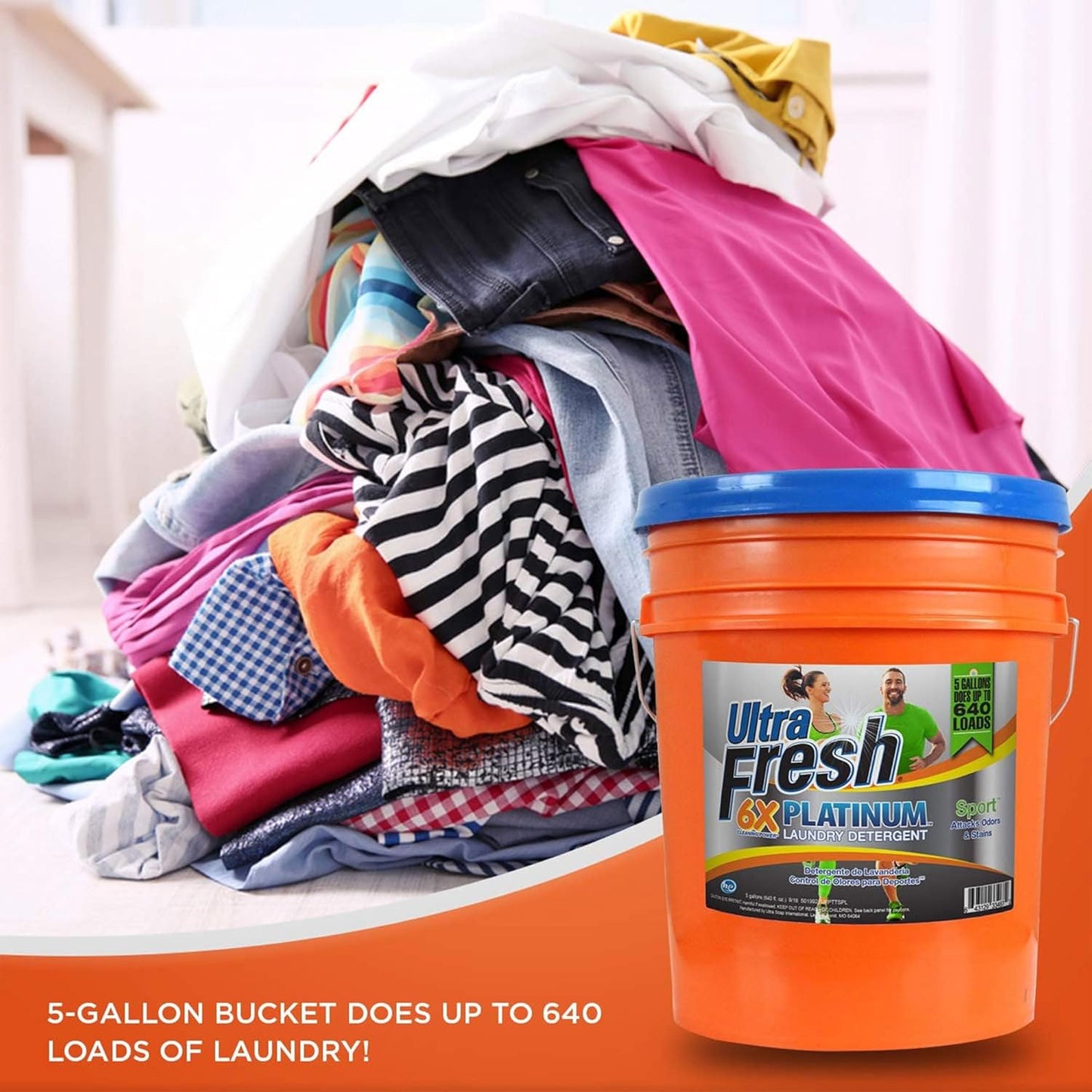 Ultra Fresh 5 Gallon Liquid Laundry Detergent Washing Soap for All Machine Types, 6X Platinum, Up to 640 Loads, Sport Odor & Stain Remover