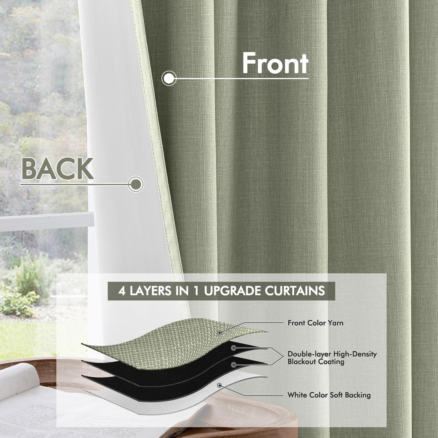MIULEE 100% Blackout Curtains 108 Inch Long 2 Panels for Bedroom, Thick Luxury Faux Linen Black Out Curtain Room Darkening Back Tab Pleat Window Textured Drapes with Hooks for Living Room, Sage Green