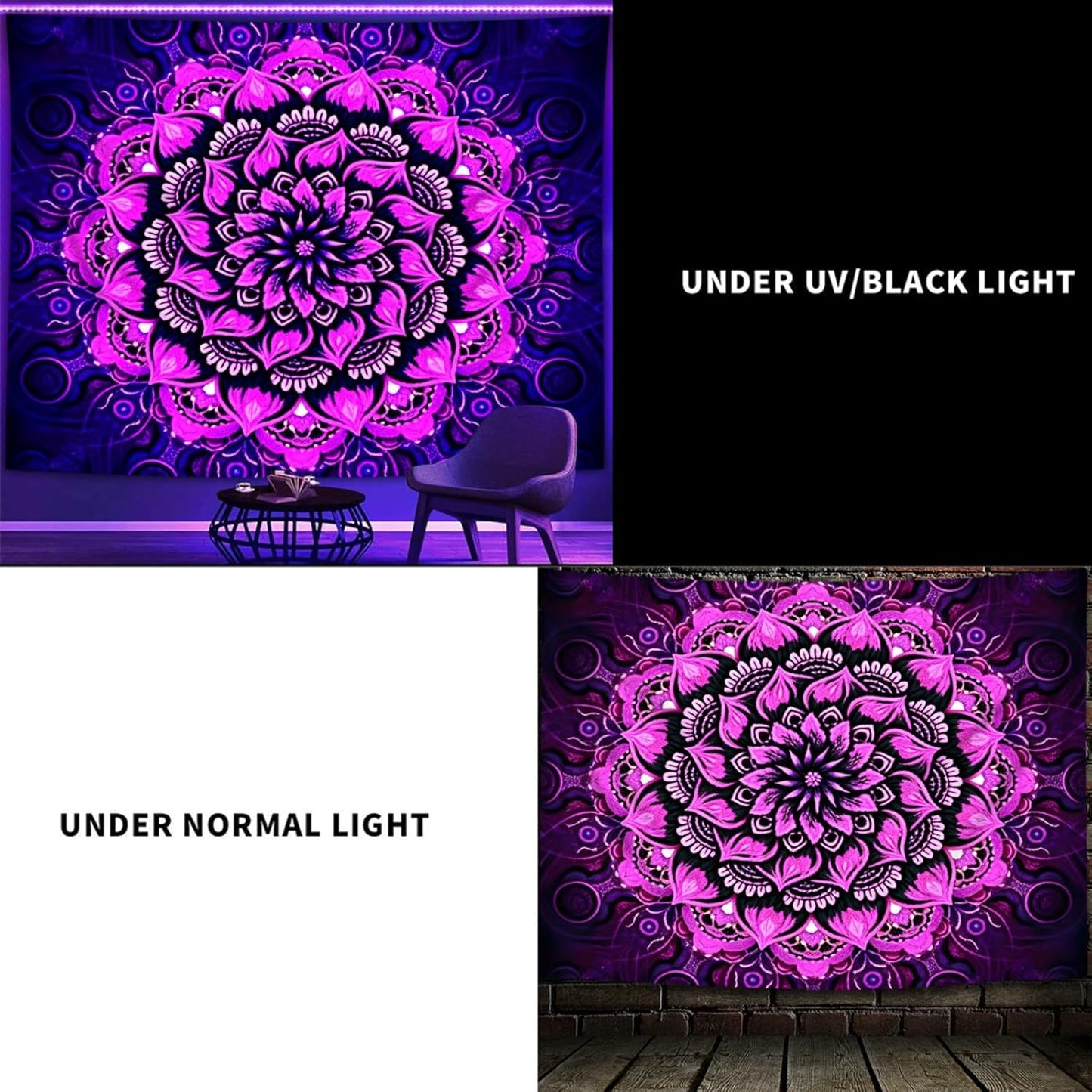 Psyhilar Blacklight Mandala Tapestry Wall Hanging, Psychedelic Flower Black Light Posters for Adults and Teens, UV Reactive Aesthetic Bohemian Art for Bedroom (40 x 30 Inches)